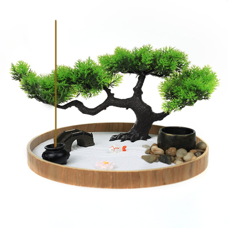 Japanese Zen Garden for Desk  Zen Garden Sand Kit Artificial Bonsai Tree Rakes  Accessories  Japanese Decor Office Home Desktop Relaxation Sandbox Decor 95 Inches Wooden Round Tray