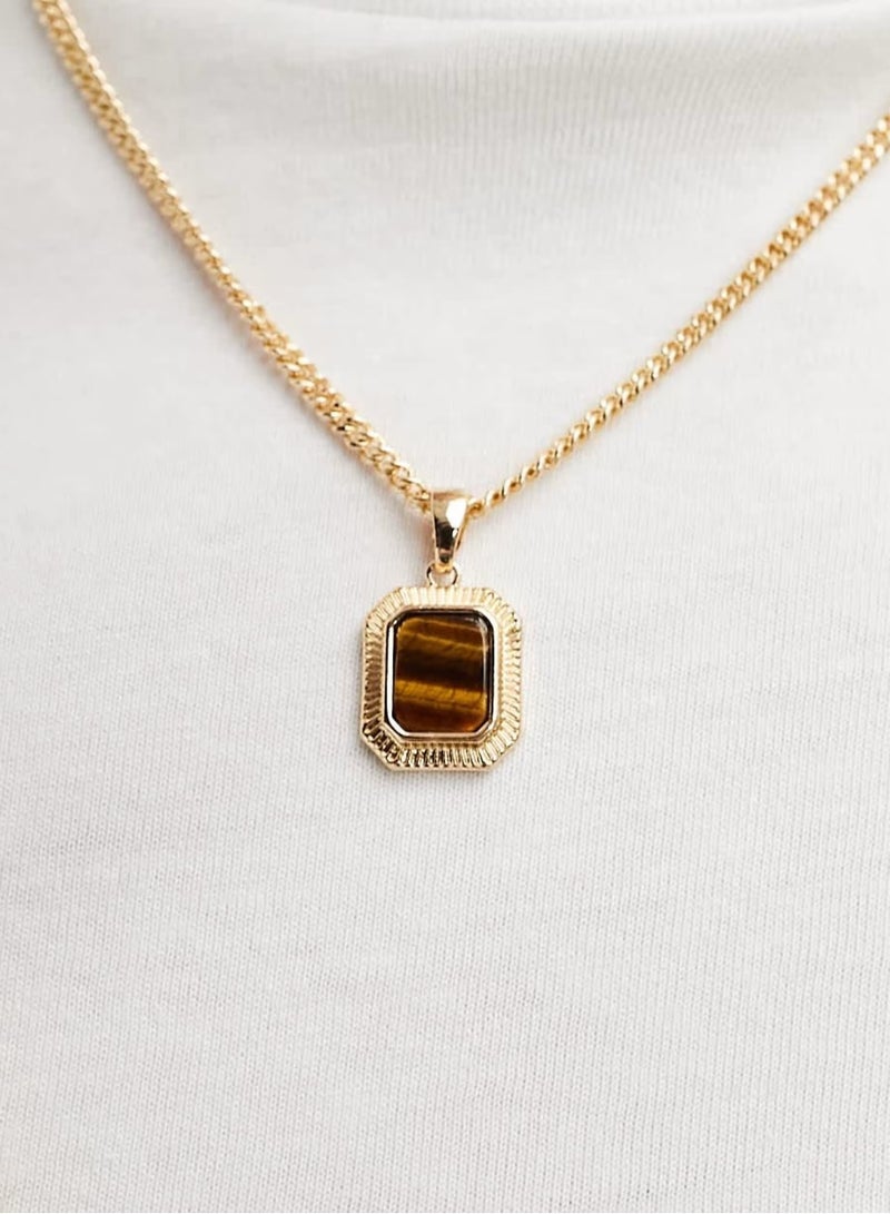 آيسوس ديزاين قلادة ASOS DESIGN مع قلادة مربعة من حجر عين النمر شبه الثمين باللون الذهبي - Image 1