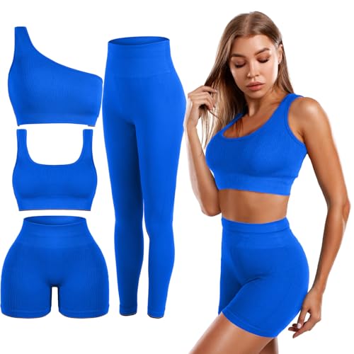 Floraltop 4 Pcs Womens Workout Sets Pilates Exercise Outfit Ribbed Scoop Neck Sports Bra Shorts Leggings Gym Clothes Set BlueMedium - Image 1