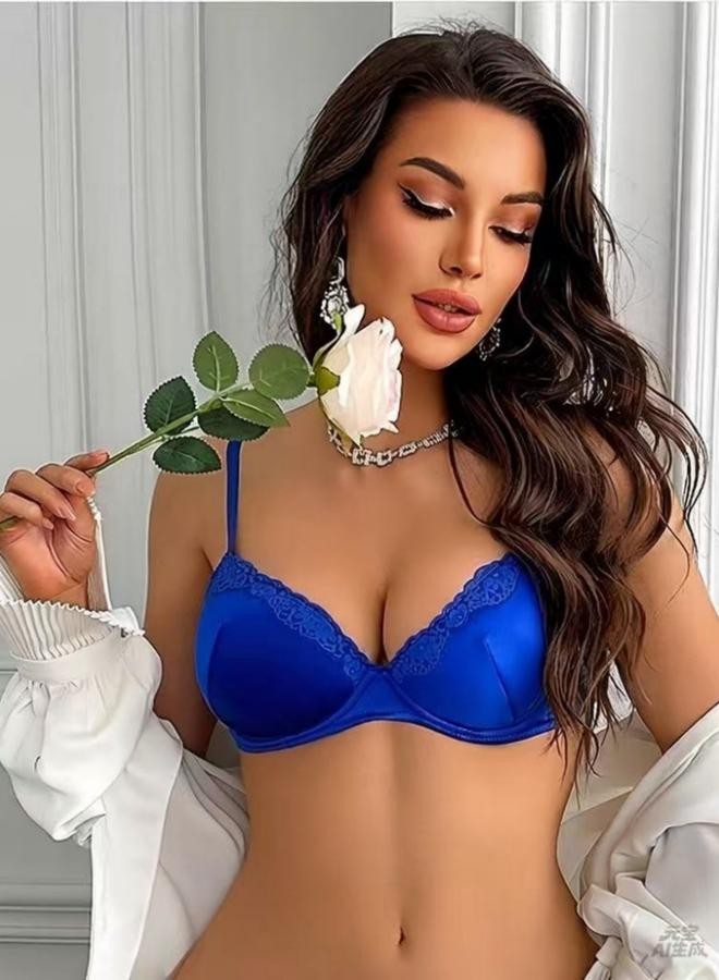 Take Two Blue Lace Trim Padded Wired Regular Bra - Image 1