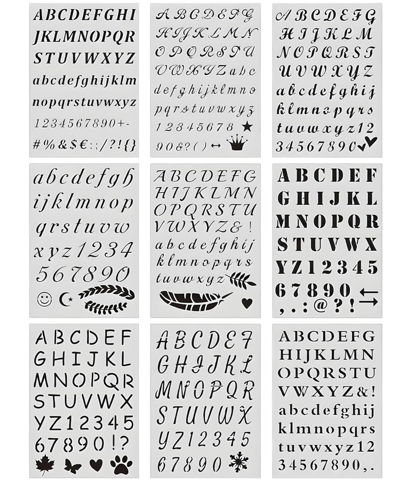 FFZDENA 9 Pieces Stencils for Craft and Art, Alphabet and Number Stencils for Wall Painting Home, Reusable Painting Stencils for DIY Projects, Fabric and Wall Decoration (White) - Image 1