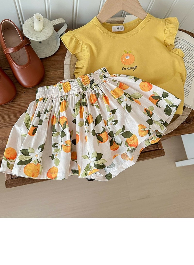 Loquat Girls Printed Shorts Set Sleeveless Ruffled T-shirt And Loose Shorts Summer Casual Set  - Image 1