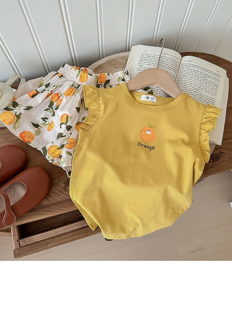 Loquat Girls Printed Shorts Set Sleeveless Ruffled T-shirt And Loose Shorts Summer Casual Set  - Image 2
