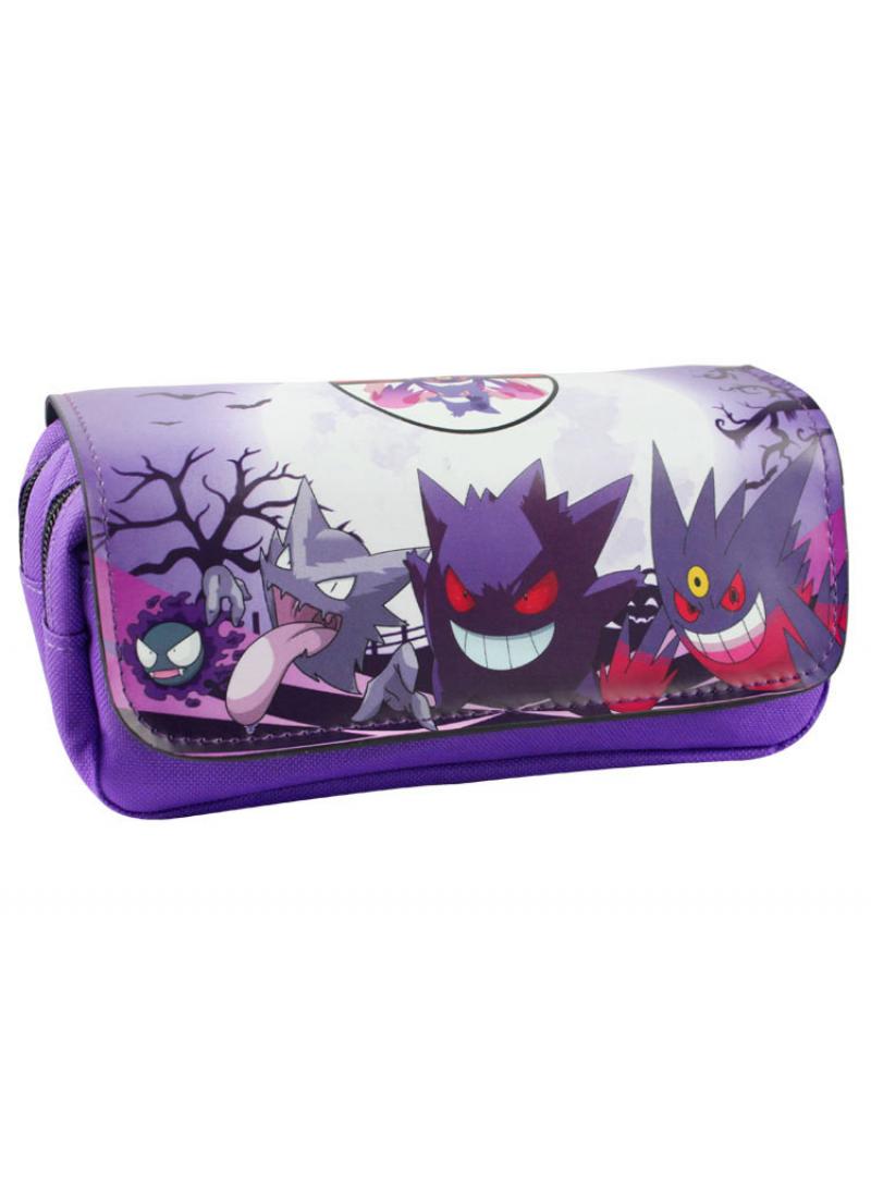 Loquat Large Capacity Cartoon Pokemon Print Pencil Case Double Canvas Zipper Pencil Bag Purple-A - Image 1