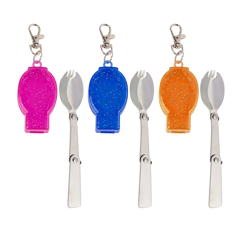AUEAR 3 Pack Foldable MutiFunction Stainless Steel Spork Flatware Cutlery Spoon Fork with Carrying Case Travel and Other Outdoor Activities
