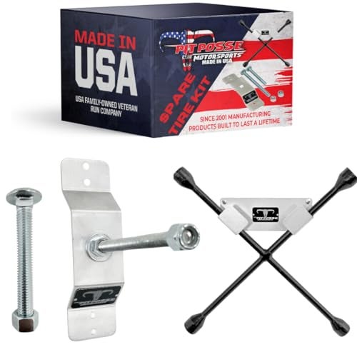 Pit Posse PP3365 Lug Nut Wrench Holder with Spare Tire Carrier Wall Mounted Kit Made in USA Enclosed Race Trailer Garage 4 Way Cross Spanner Tire Iron Hanger Aluminum Utility Storage Organizer - Image 1