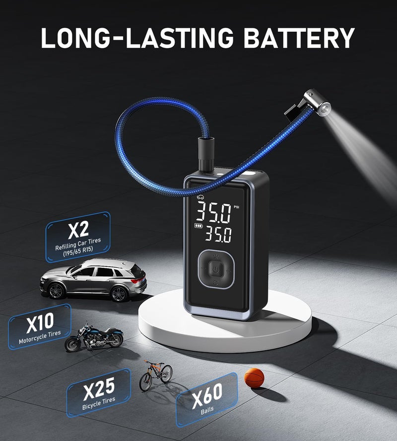Pumptiva Tire Inflator Portable Air Compressor, 150PSI Cordless Mini Air Pump with Digital Pressure, Bike Pump, 3X Fast Inflation Tire Inflator for Car, Motorcycle, Bike, Ball-LED Light and Auto Shut-Off - Image 5