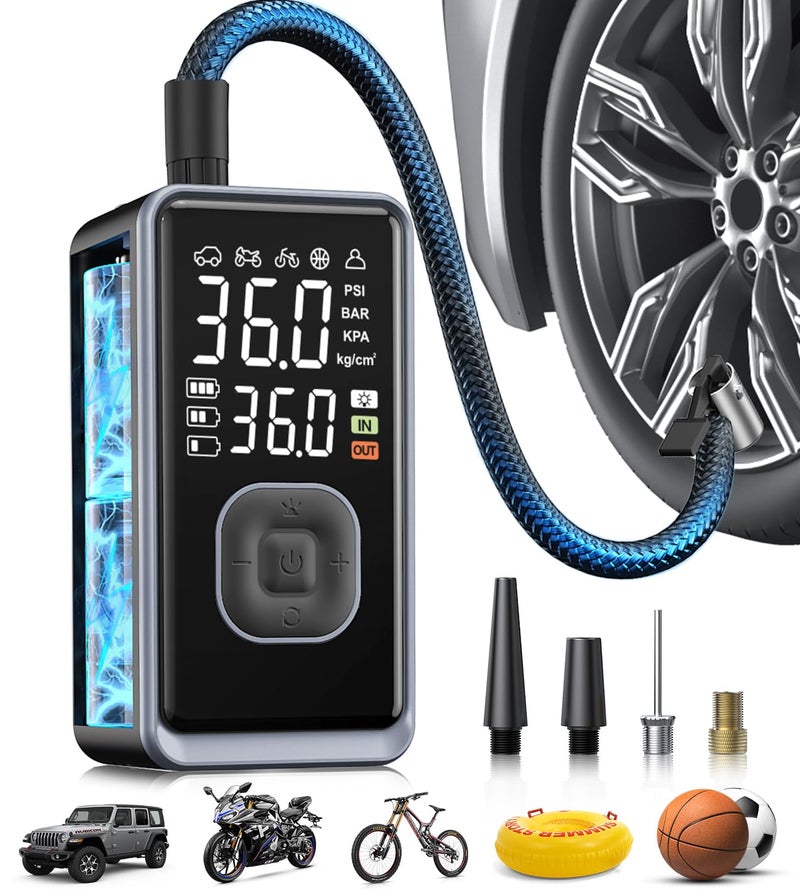 Pumptiva Tire Inflator Portable Air Compressor, 150PSI Cordless Mini Air Pump with Digital Pressure, Bike Pump, 3X Fast Inflation Tire Inflator for Car, Motorcycle, Bike, Ball-LED Light and Auto Shut-Off - Image 1
