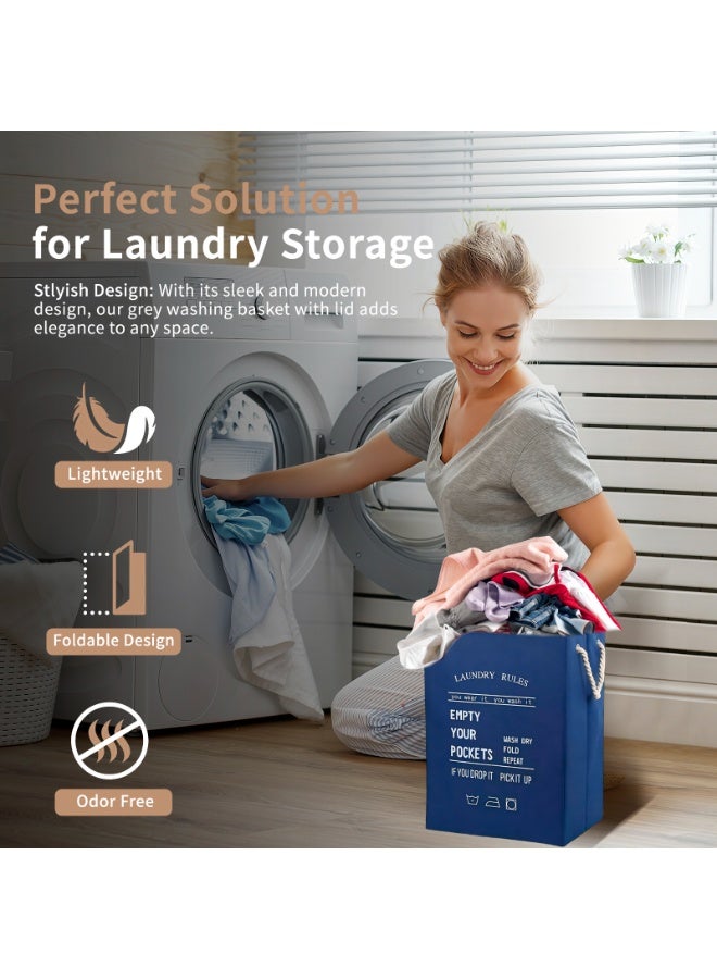 72L Laundry Basket with Lid,Navy Blue Large Collapsible Laundry Hamper with Handles,Dirty Clothes Hamper for Dirty Clothes,Bedroom,Bathroom,Laundry Room,Dorm, College,Home Storage - Image 2