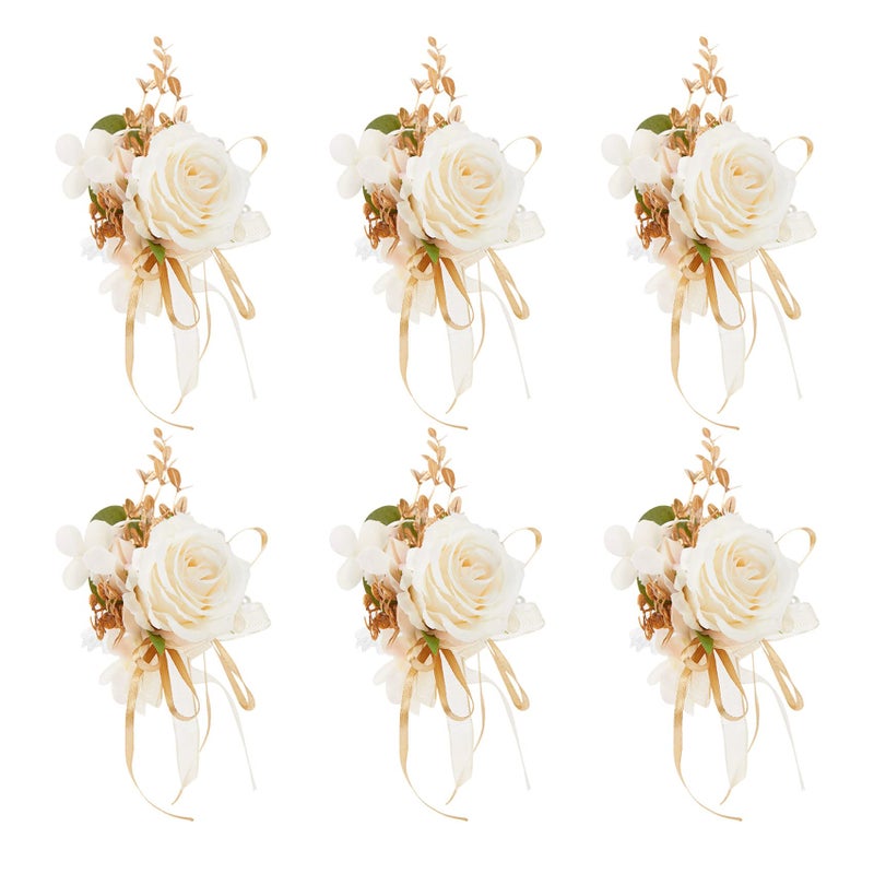 Meldel Meldel Rose Wrist Corsage for Girls Women Bride Bridesmaid Set of 6 Champagne Hand Flower Wedding Artificial Flowers Accessories for Prom Party 