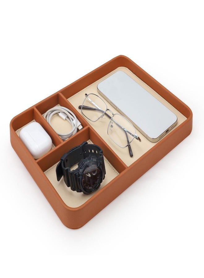 Realand Valet Tray Desk Organizer for Men, 4 Slots Premium PU Leather Catch All Nightstand Trinket Tray Bedside Caddy for Key, Watch, Phone, Jewelry, EDC, Brown - Image 1