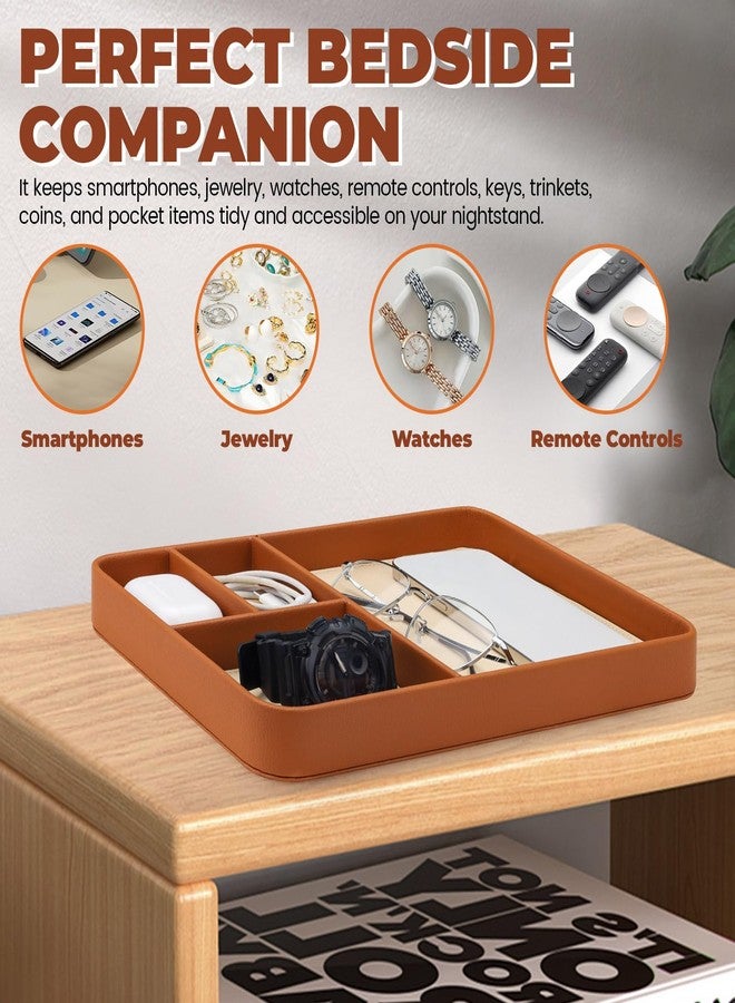 Realand Valet Tray Desk Organizer for Men, 4 Slots Premium PU Leather Catch All Nightstand Trinket Tray Bedside Caddy for Key, Watch, Phone, Jewelry, EDC, Brown - Image 4