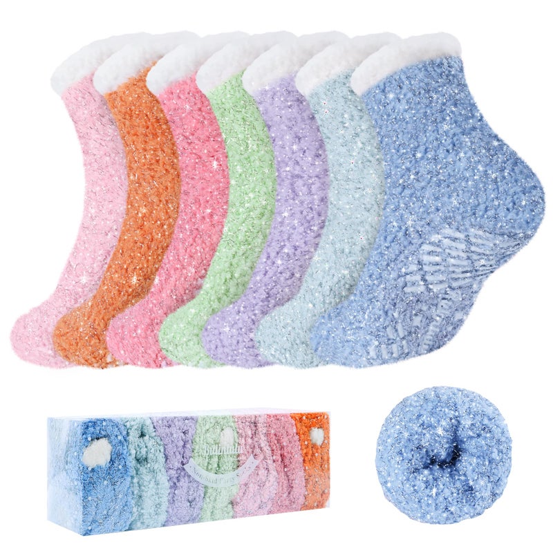 Bulinlulu Fuzzy Socks with Grips Valentine's Gifts for Women,7 Pairs Sleep Warm Fluffy Non-Skid Thick Slipper Socks with Grippers (Sparkle Blue/Sky Blue/Green/Purple/Pink/Light Pink/Red) - Image 1