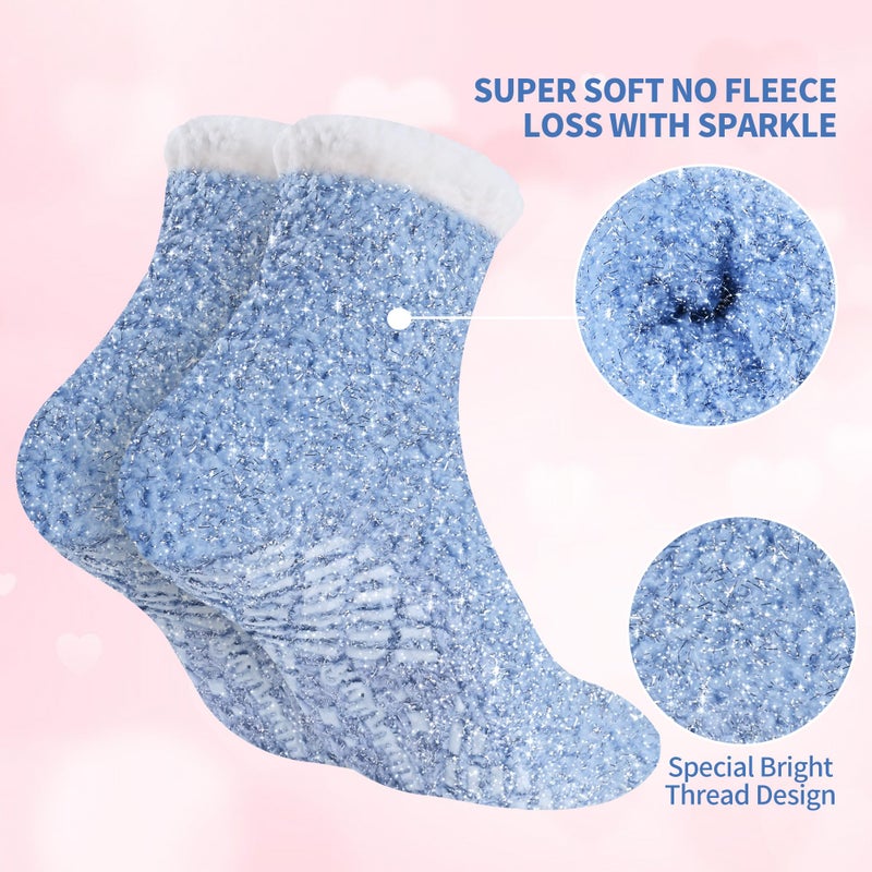 Bulinlulu Fuzzy Socks with Grips Valentine's Gifts for Women,7 Pairs Sleep Warm Fluffy Non-Skid Thick Slipper Socks with Grippers (Sparkle Blue/Sky Blue/Green/Purple/Pink/Light Pink/Red) - Image 3
