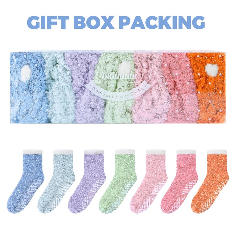 Bulinlulu Fuzzy Socks with Grips Valentine's Gifts for Women,7 Pairs Sleep Warm Fluffy Non-Skid Thick Slipper Socks with Grippers (Sparkle Blue/Sky Blue/Green/Purple/Pink/Light Pink/Red) - Image 2