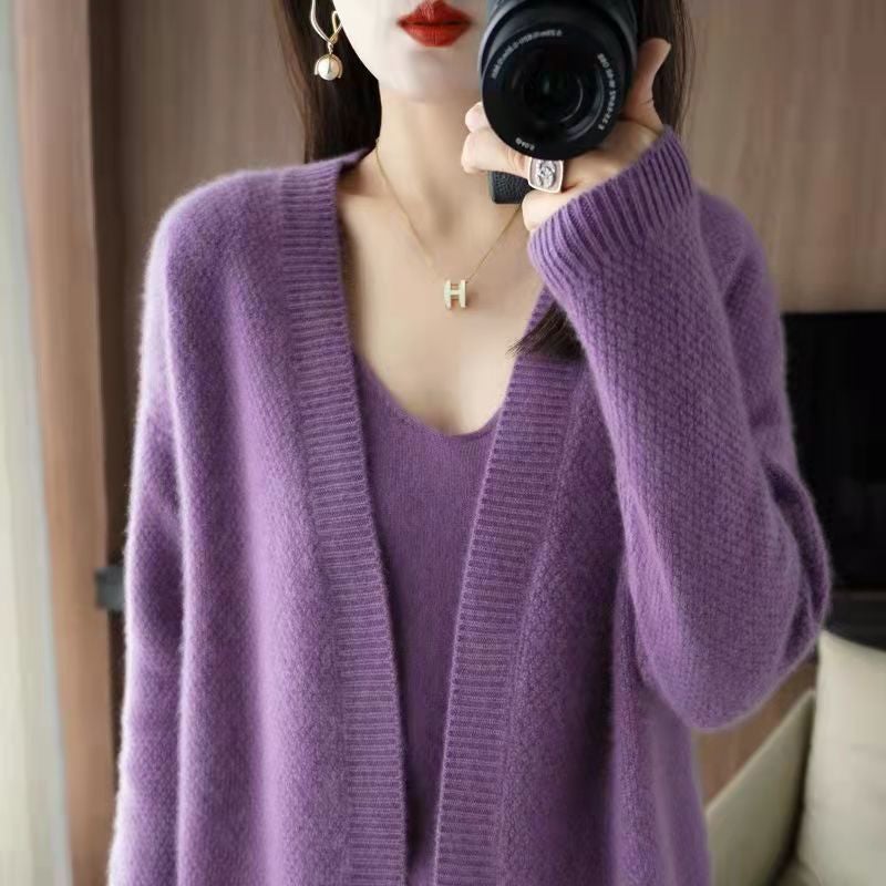 New Korean Style Autumn/Winter V-Neck 2-Piece Set Womens Sweater Jacket Versatile Fashionable Stylish Knitted Top Trendy Purple two-piece set