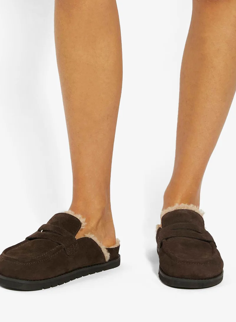 Dune London Faux Shearling Lined Backless Mule Suede Loafers