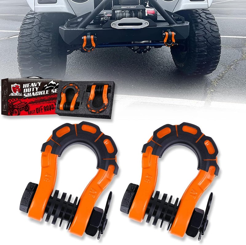 AMBULL Shackles Upgrade 3/4" D Ring Shackle (2 Pack) 70,000 lbs Break Strength with 7/8" Pin, Isolator and Washer Kits for Use with Tow Strap, Winch, Off-Road Truck Vehicle Recovery, Orange - Image 1