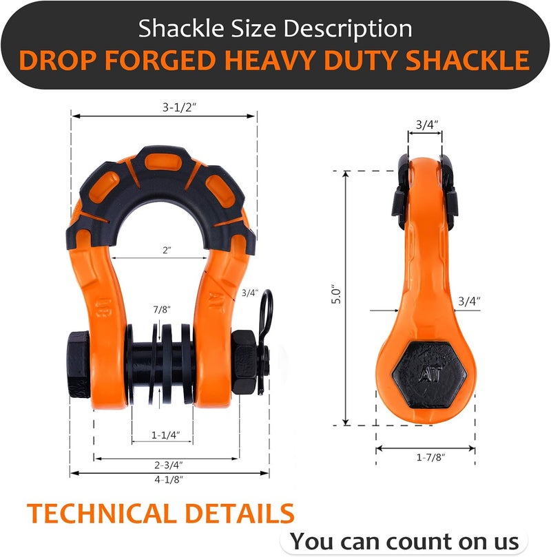 AMBULL Shackles Upgrade 3/4" D Ring Shackle (2 Pack) 70,000 lbs Break Strength with 7/8" Pin, Isolator and Washer Kits for Use with Tow Strap, Winch, Off-Road Truck Vehicle Recovery, Orange - Image 3