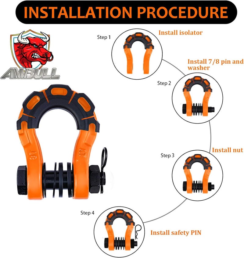 AMBULL Shackles Upgrade 3/4" D Ring Shackle (2 Pack) 70,000 lbs Break Strength with 7/8" Pin, Isolator and Washer Kits for Use with Tow Strap, Winch, Off-Road Truck Vehicle Recovery, Orange - Image 5