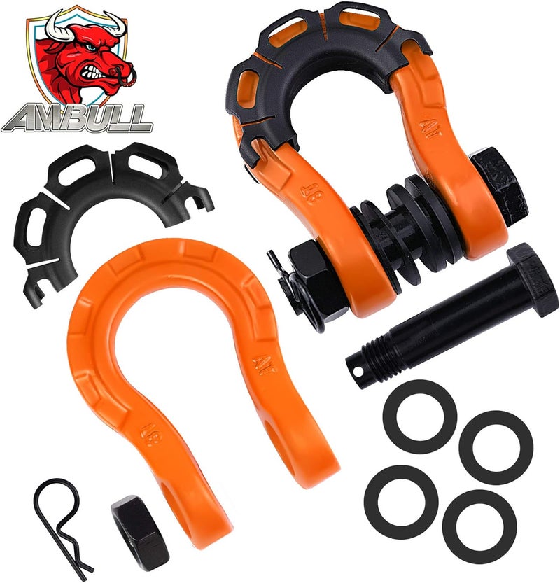 AMBULL Shackles Upgrade 3/4" D Ring Shackle (2 Pack) 70,000 lbs Break Strength with 7/8" Pin, Isolator and Washer Kits for Use with Tow Strap, Winch, Off-Road Truck Vehicle Recovery, Orange - Image 2