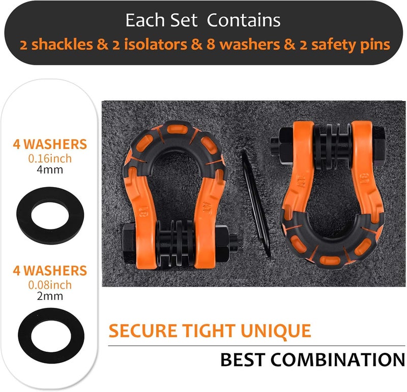 AMBULL Shackles Upgrade 3/4" D Ring Shackle (2 Pack) 70,000 lbs Break Strength with 7/8" Pin, Isolator and Washer Kits for Use with Tow Strap, Winch, Off-Road Truck Vehicle Recovery, Orange - Image 4