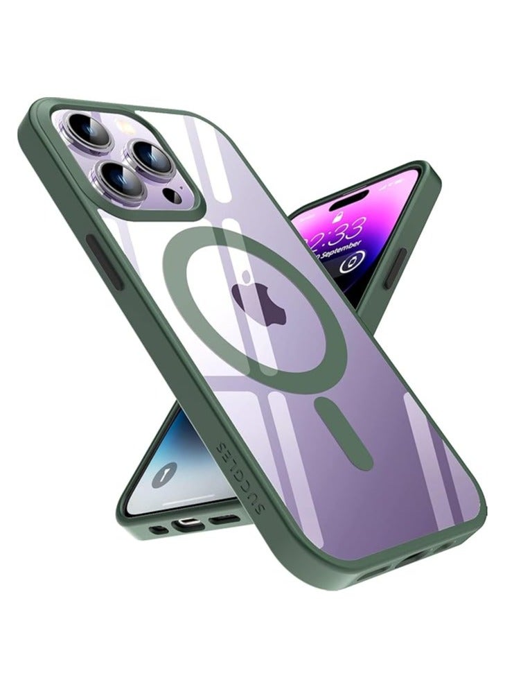 Strong Magnetic Case for iPhone 14 Pro with MagSafe, [Non-Yellowing] [Military Grade Protection] Slim Secure Magnetic Phone Cover by MagSafe (Apple 14 Pro, Clear - Alpine Green), ABS