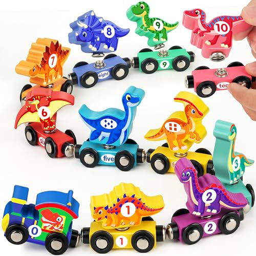 Vanmor Wooden Dinosaur Train Set for Toddlers - Magnetic Dinosaur Toys and Number Train, Perfect for Toddler Activities, Birthdays, and Educational Christmas Toys Stocking Stuffers for Boys Aged 3-5 - Image 1