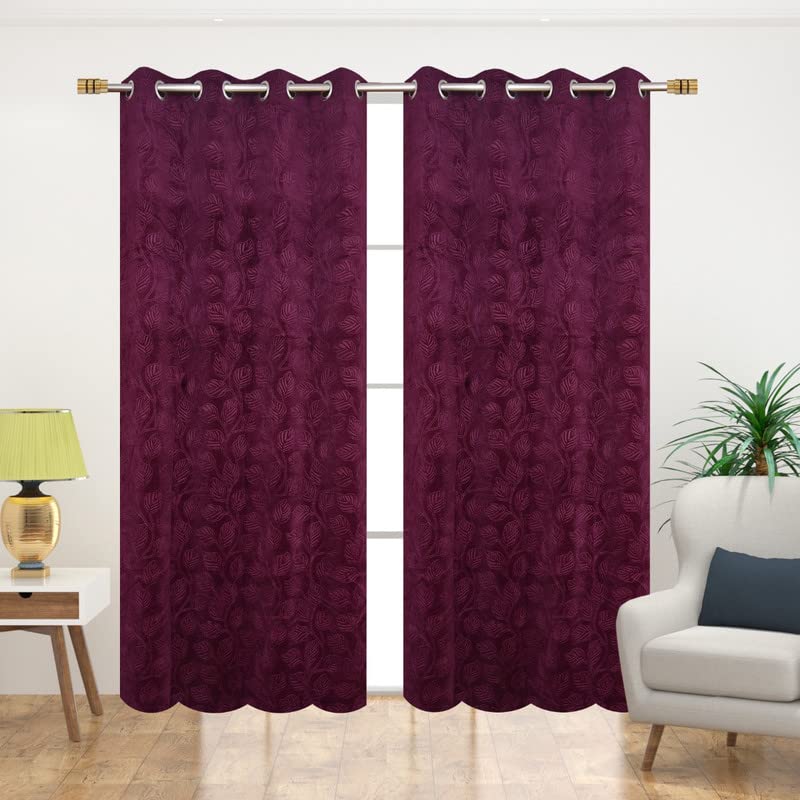 MOGNE FAB Heavy Velvet Room Darkening Beautiful Leaf Print Eyelet Set of 2 Wine Curtains 7 Feet Door for Living Drawing Room Bedroom Office Hall