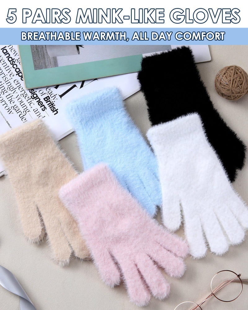 Berlune 5 Pairs Women Fuzzy Gloves Winter Fluffy Faux Mink Velvet Warm Stretchable Plush Soft Glove Cold Weather Accessories - Image 4
