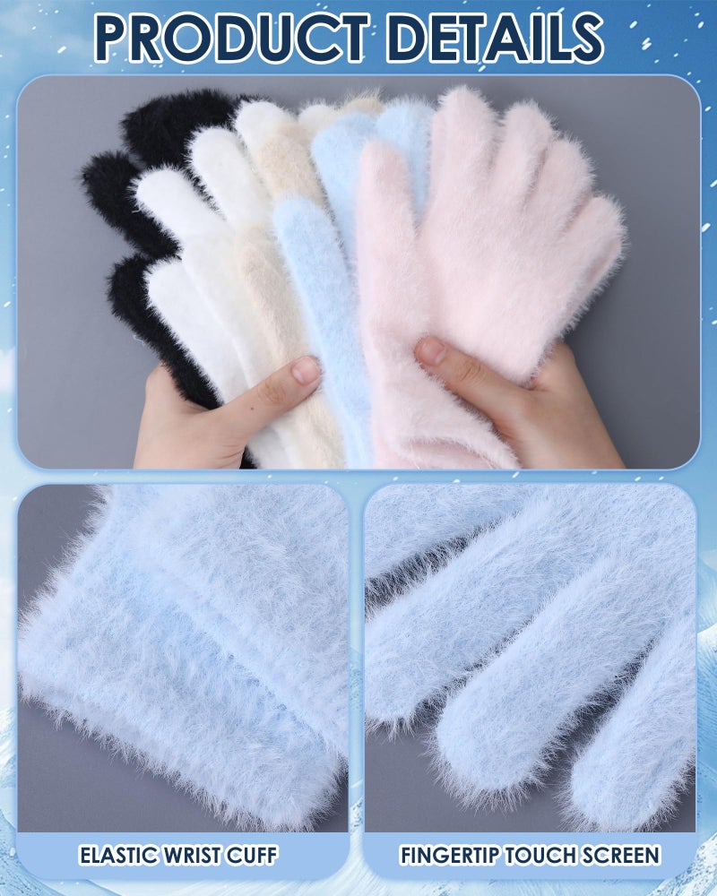 Berlune 5 Pairs Women Fuzzy Gloves Winter Fluffy Faux Mink Velvet Warm Stretchable Plush Soft Glove Cold Weather Accessories - Image 3