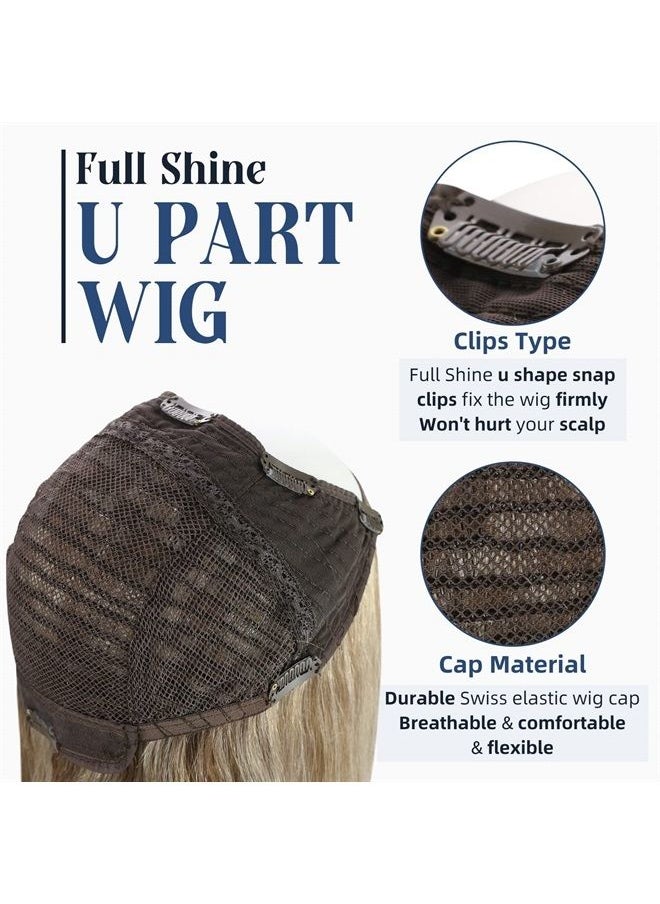 Full Shine - Half Wig Human Hair Real Hair Wigs Brown Ombre to Blonde U Wig Human Hair for Women Clip in Hair Pieces 100Grams 12Inch - Image 1
