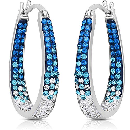 Savlano 14K White Gold Plated Inside Out Crystal Hoop Earrings For Women (Light Blue-White) - Image 2