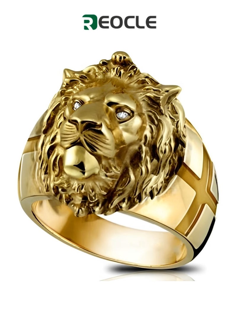 REOCLE Men's Gold Lion Head Ring Norse Viking Lion Ring with Rhinestones Crystal Eye Heavy Metal Rock Punk Style  Biker Cross Ring Lion Totem Amulet Ring Punk Animal Lion Jewelry Gift for Boys  - Image 1