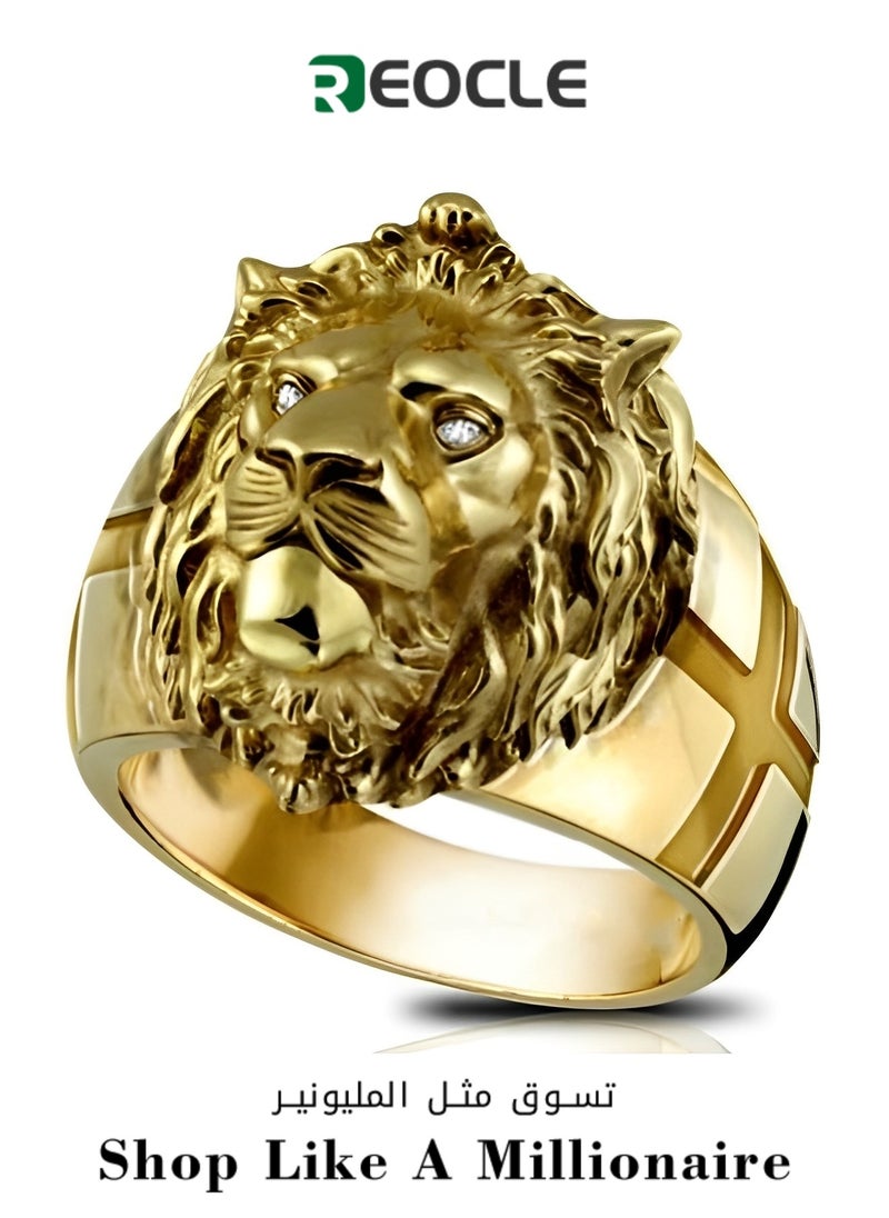REOCLE Men's Gold Lion Head Ring Norse Viking Lion Ring with Rhinestones Crystal Eye Heavy Metal Rock Punk Style  Biker Cross Ring Lion Totem Amulet Ring Punk Animal Lion Jewelry Gift for Boys  - Image 1