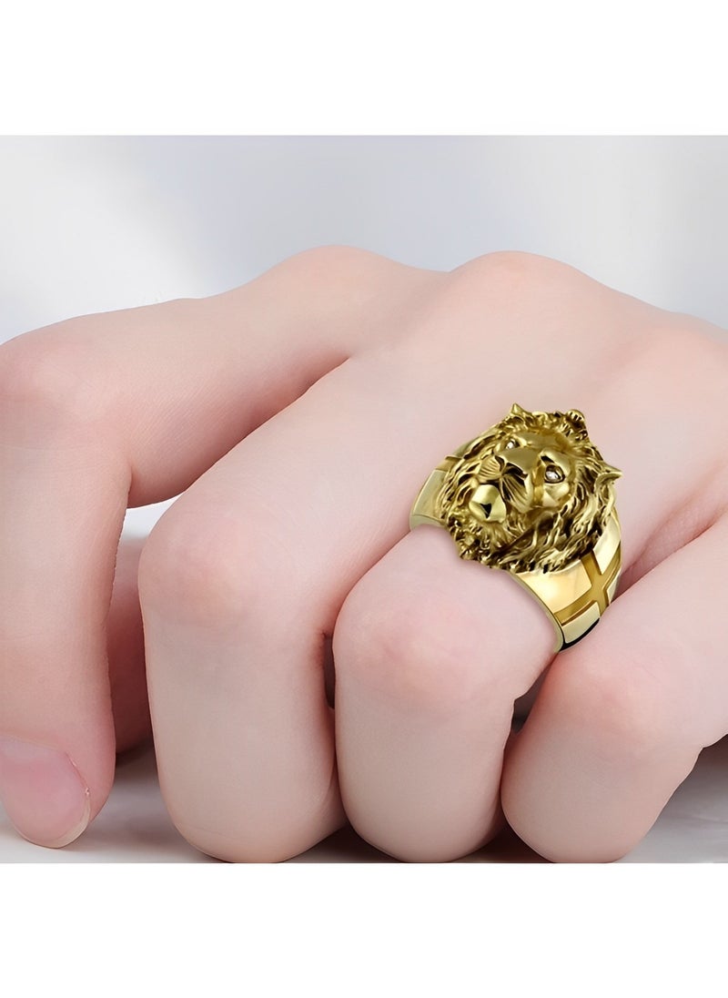REOCLE Men's Gold Lion Head Ring Norse Viking Lion Ring with Rhinestones Crystal Eye Heavy Metal Rock Punk Style  Biker Cross Ring Lion Totem Amulet Ring Punk Animal Lion Jewelry Gift for Boys  - Image 5