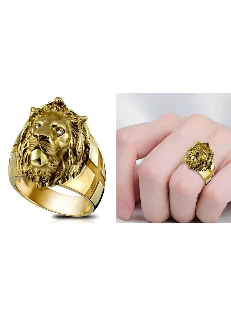 REOCLE Men's Gold Lion Head Ring Norse Viking Lion Ring with Rhinestones Crystal Eye Heavy Metal Rock Punk Style  Biker Cross Ring Lion Totem Amulet Ring Punk Animal Lion Jewelry Gift for Boys  - Image 3