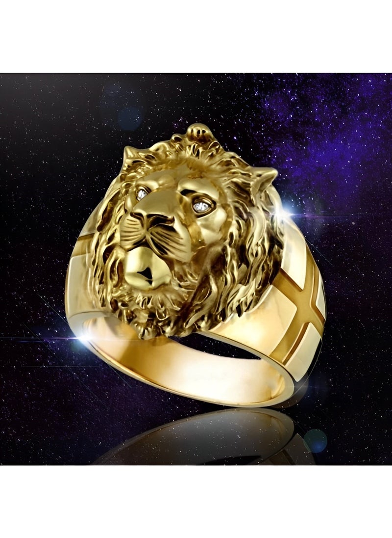 REOCLE Men's Gold Lion Head Ring Norse Viking Lion Ring with Rhinestones Crystal Eye Heavy Metal Rock Punk Style  Biker Cross Ring Lion Totem Amulet Ring Punk Animal Lion Jewelry Gift for Boys  - Image 2