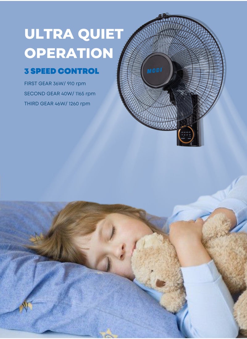 MODI - 16" Wall Fan| High Performance Fan with 3-Speed Controls, 5 Leaf Blades and Remote Control | Adjustable Tilt Angle and Efficient Cooling| High Performance Motor for High Speed Wind With Timer - Image 1