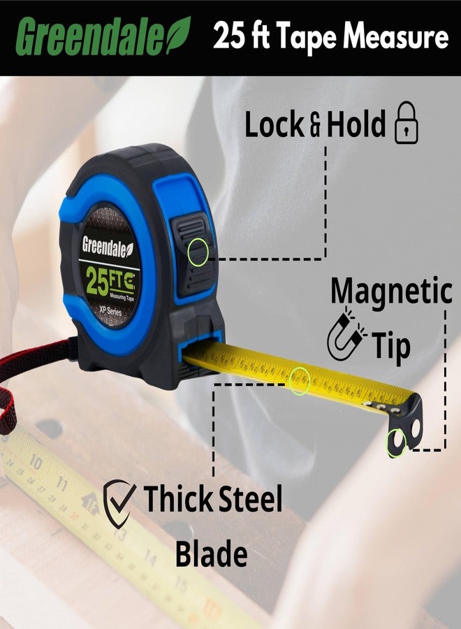 Greendale - 25 ft Tape Measures - Easy to Read Fractions to 1/8th inch - Magnetic Tip - Thumb and Quick Lock - Autowind - Belt Clip - Red/Orange (1, 25ft - Blue) - Image 3