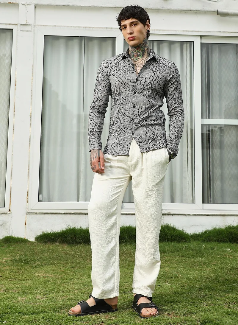 Campus Sutra Men's Grey Abstract Pattern Slim Fit Shirt