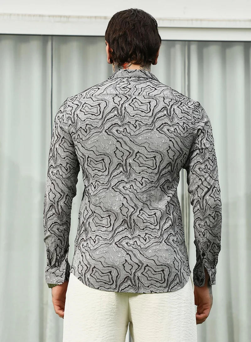 Campus Sutra Men's Grey Abstract Pattern Slim Fit Shirt