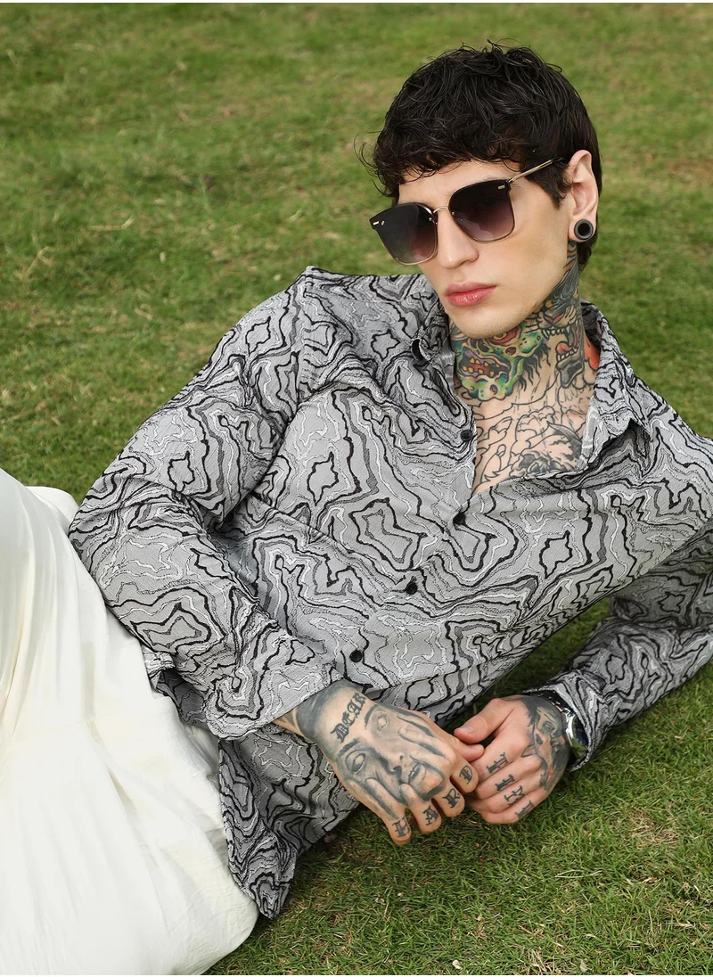 Campus Sutra Men's Grey Abstract Pattern Slim Fit Shirt