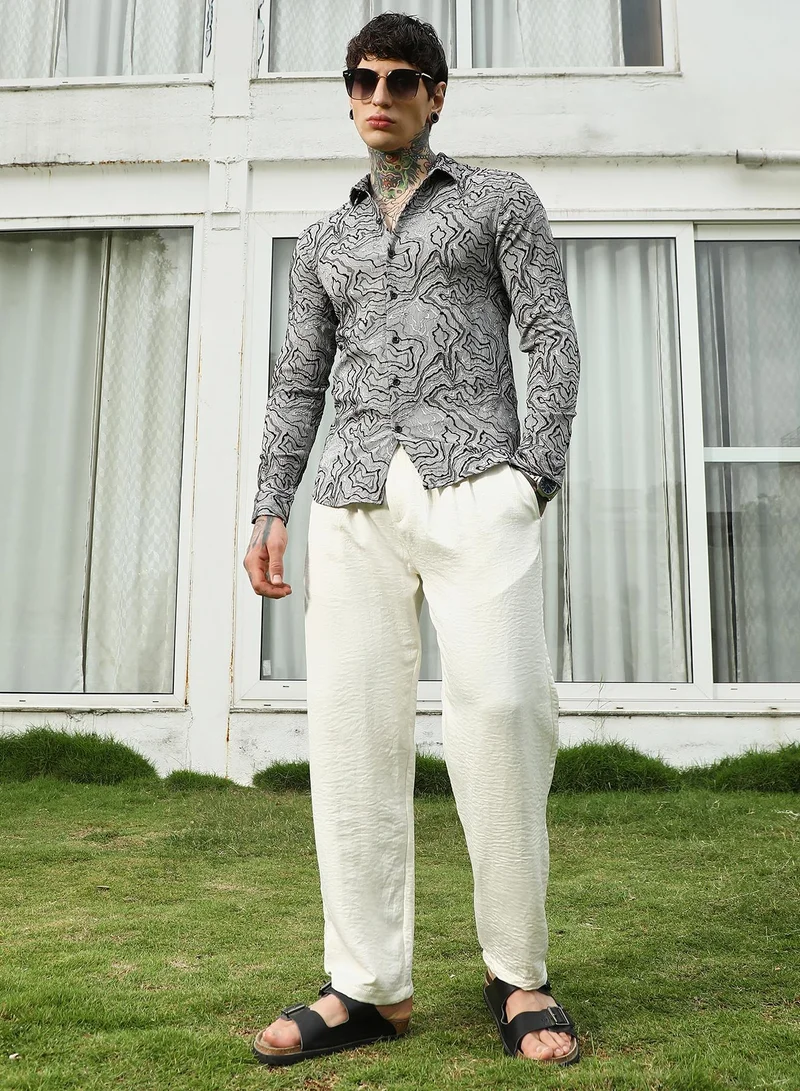 Campus Sutra Men's Grey Abstract Pattern Slim Fit Shirt