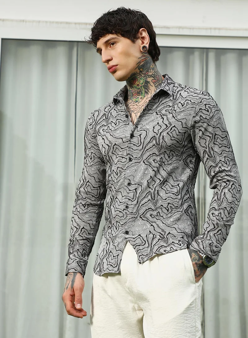 Campus Sutra Men's Grey Abstract Pattern Slim Fit Shirt