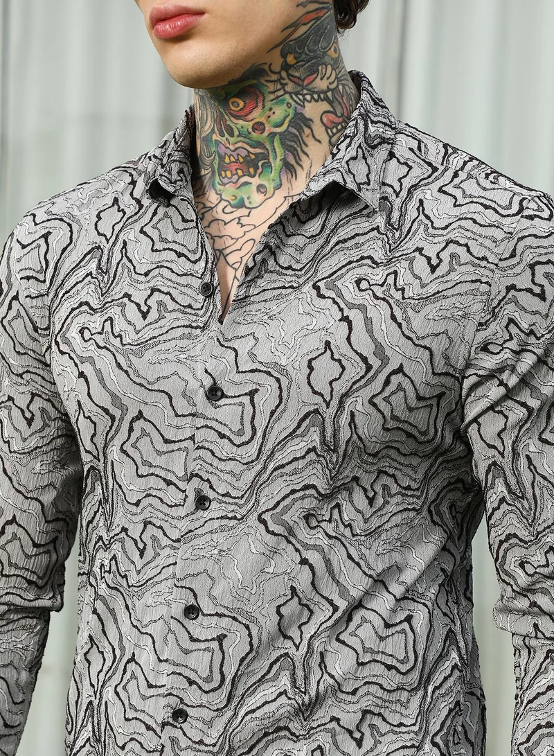 Campus Sutra Men's Grey Abstract Pattern Slim Fit Shirt