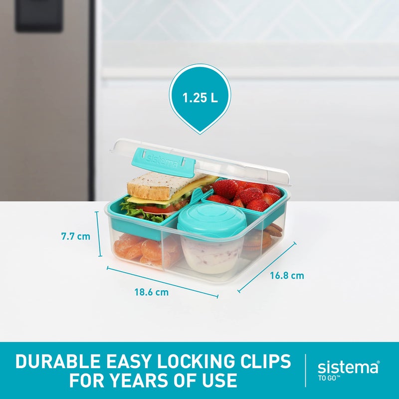 Sistema Bento Box Lunch Box with 3 Compartments, 2 Removable Trays, and Salad Dressing Container, Dishwasher Safe, Color May Vary - Image 4