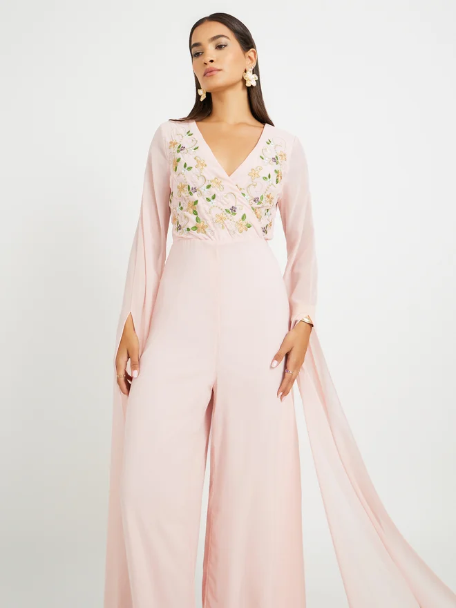 Styli Styli Embroidered Cape Sleeves Wide Leg Jumpsuit