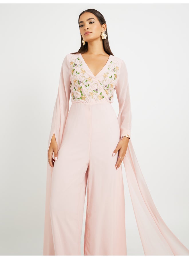 Styli Styli Embroidered Cape Sleeves Wide Leg Jumpsuit  - Image 3