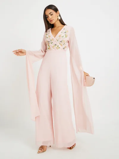 Styli Embroidered Cape Sleeves Wide Leg Jumpsuit